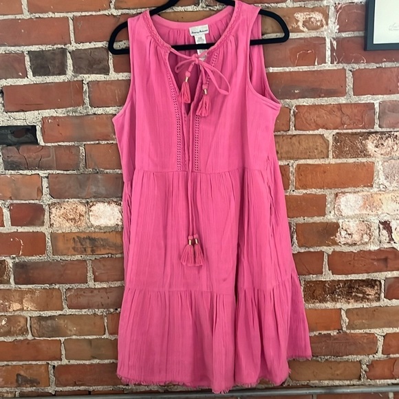 Tommy Bahama Dresses & Skirts - Tommy Bahama pink 100% cotton tiered dress with tassels, size M